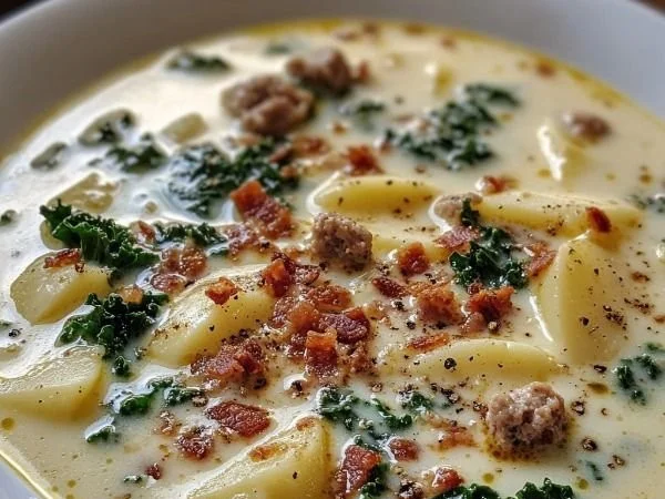 Bowl of creamy Tuscan soup garnished with herbs and vegetables