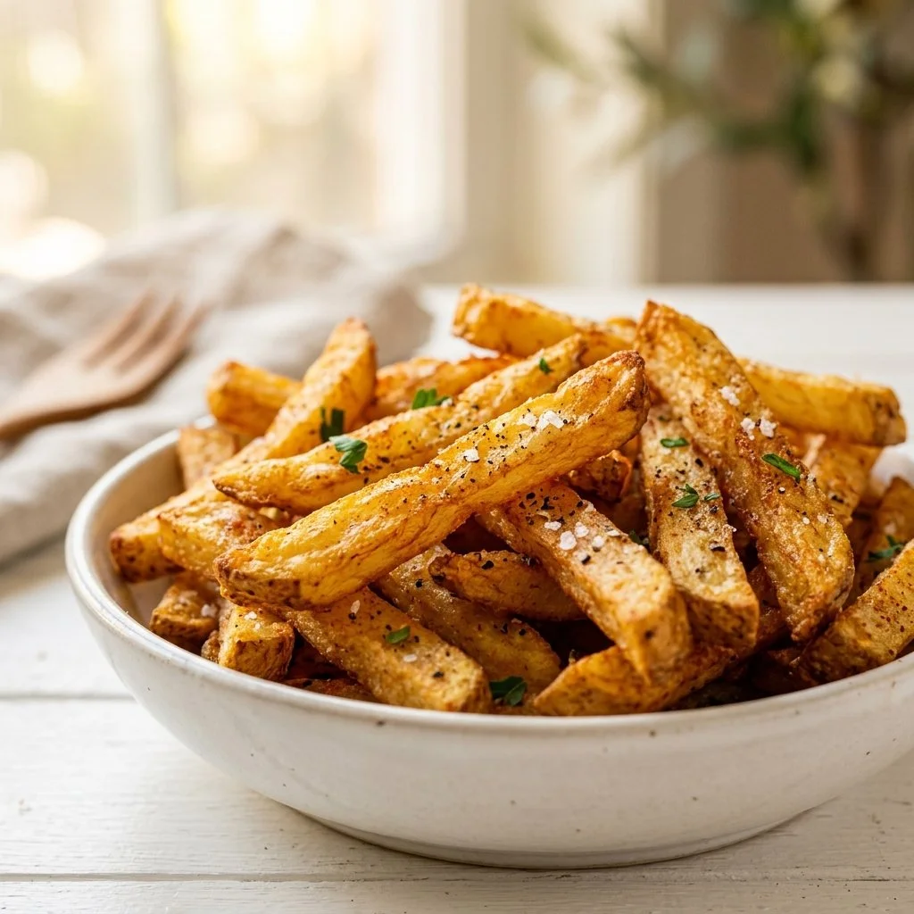 Bowl of crispy air fryer fries golden brown and ready to eat