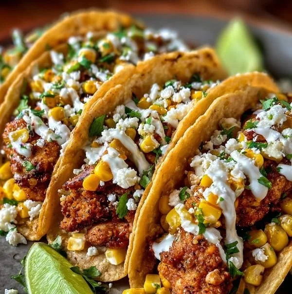 Crispy fried chicken tacos topped with street corn and fresh ingredients.
