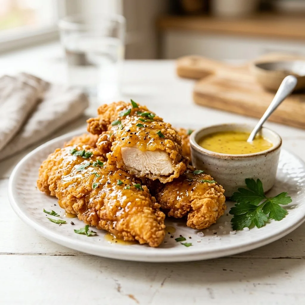 Crispy Honey Mustard Chicken garnished with herbs on a serving plate