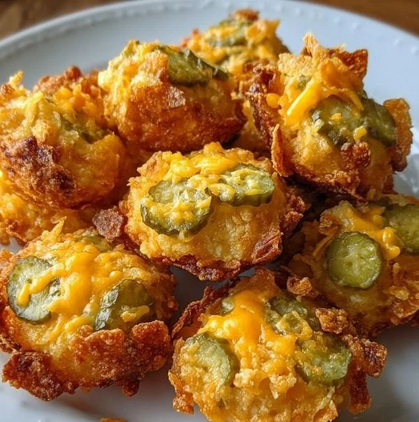 Crispy pickle cheese bites served on a plate with dipping sauce