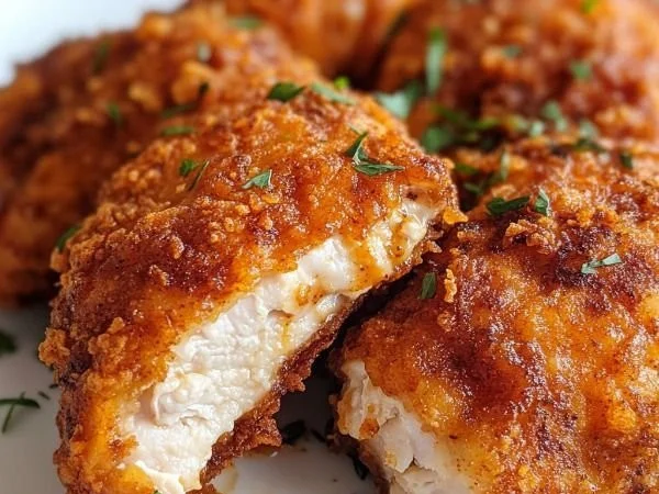 Plate of crispy spicy buttermilk fried chicken garnished with herbs.