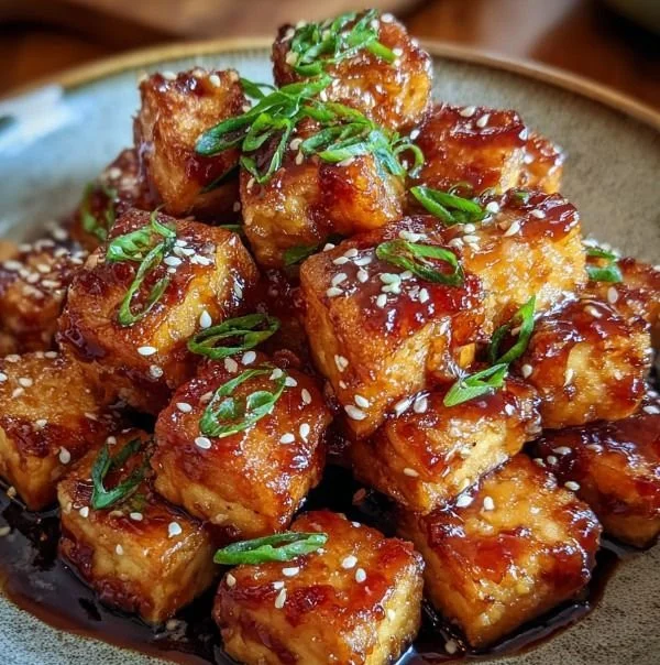 Crispy teriyaki tofu cubes served on a plate with colorful vegetables