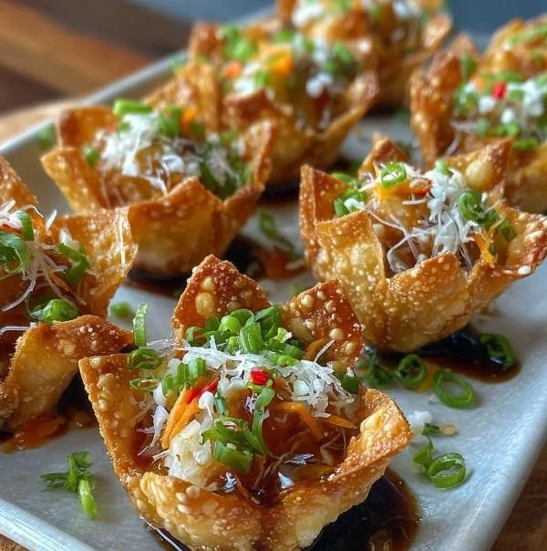 Crispy wonton cups filled with various appetizers and garnished.