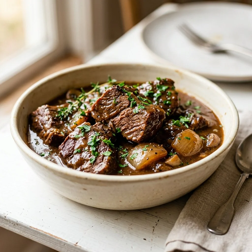 Crockpot Beef Tips and Gravy in a serving dish with fresh herbs.