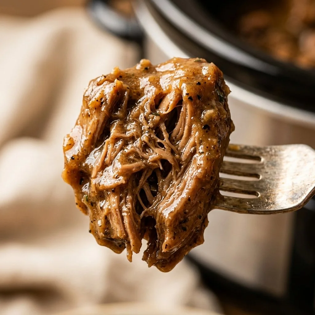 Delicious crockpot chicken and gravy served in a bowl with herbs
