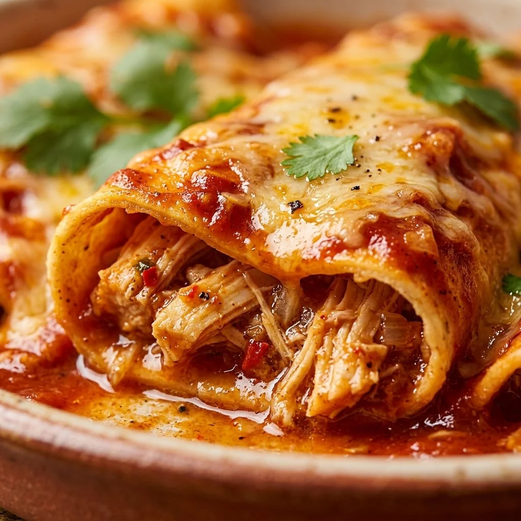 Delicious crockpot chicken enchiladas served on a plate with toppings.