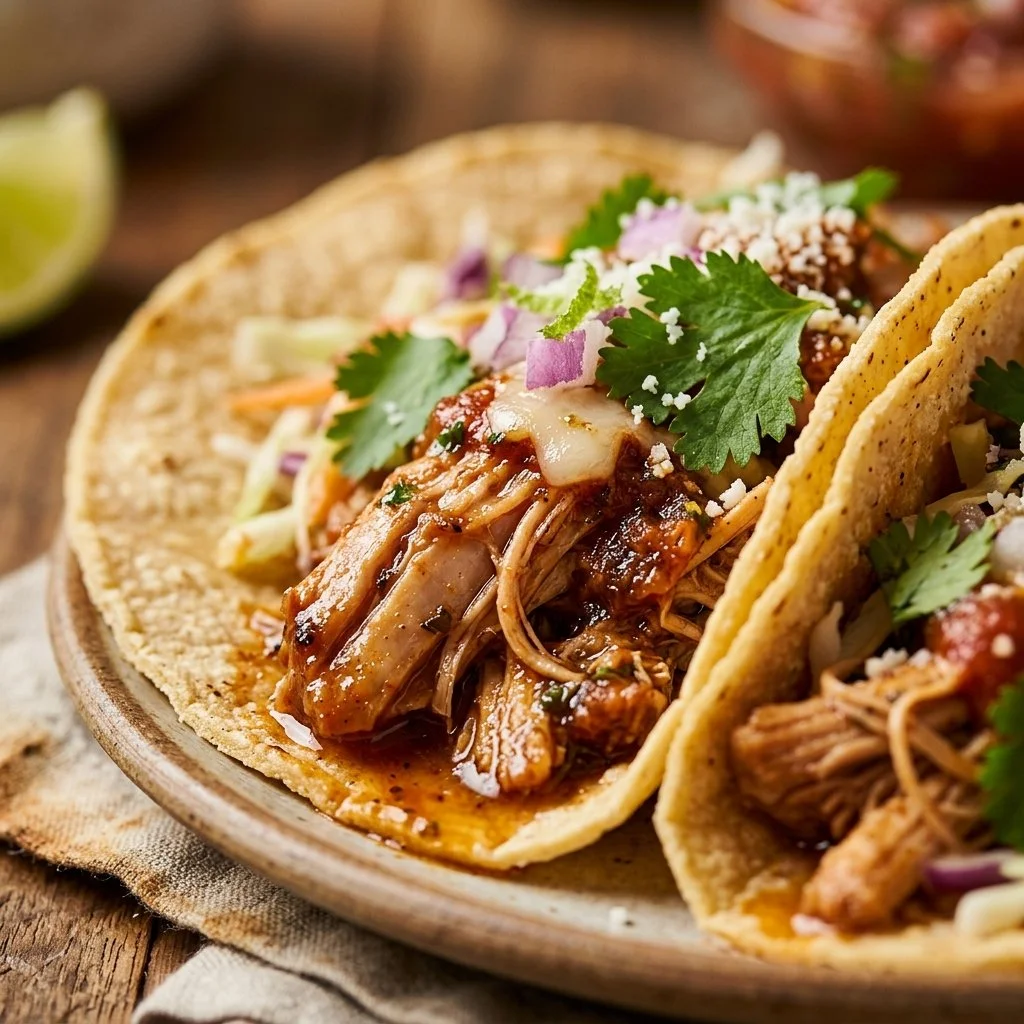 Delicious crockpot chicken tacos served in a vibrant taco bowl