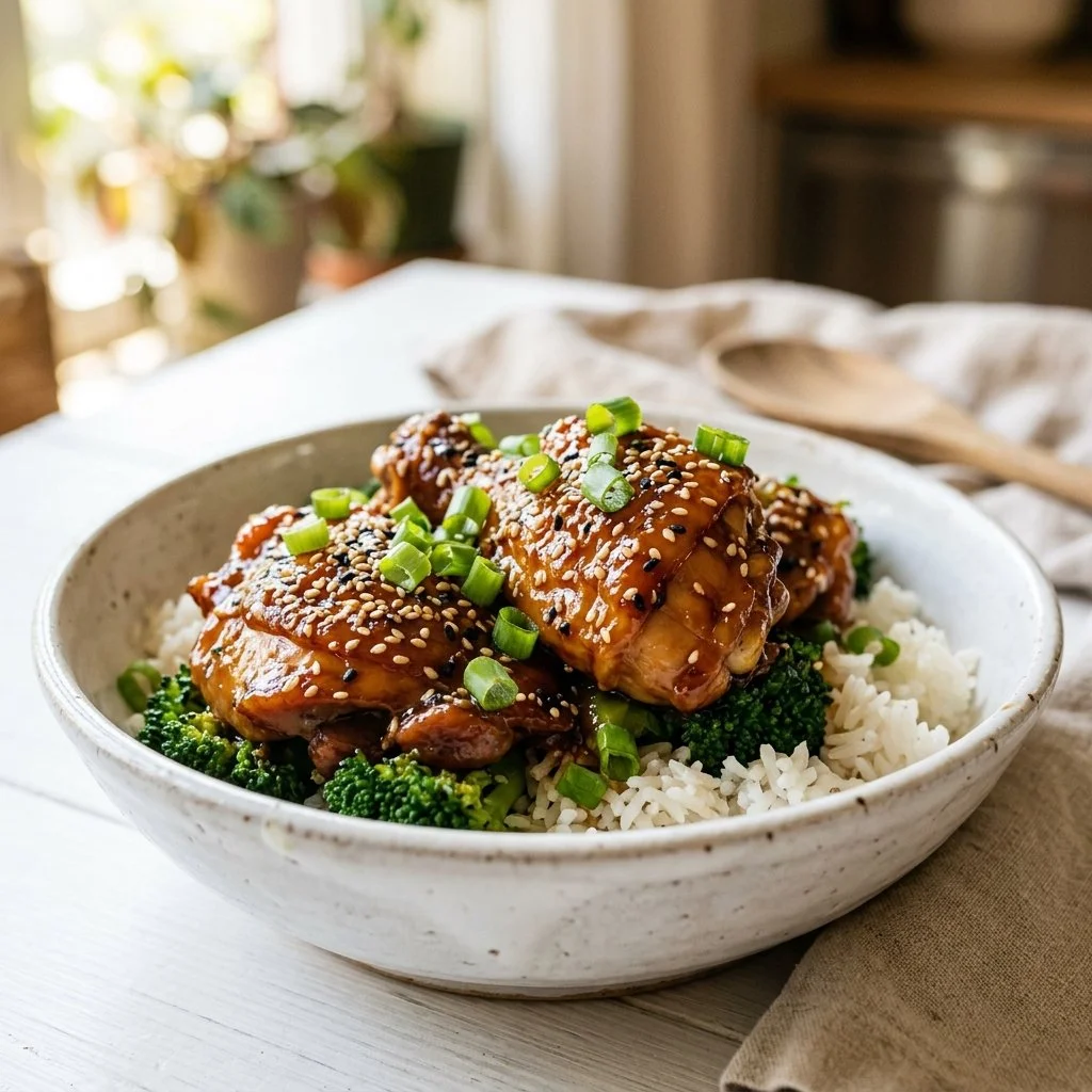 Delicious Crockpot Honey Sesame Chicken served on a plate with rice and vegetables