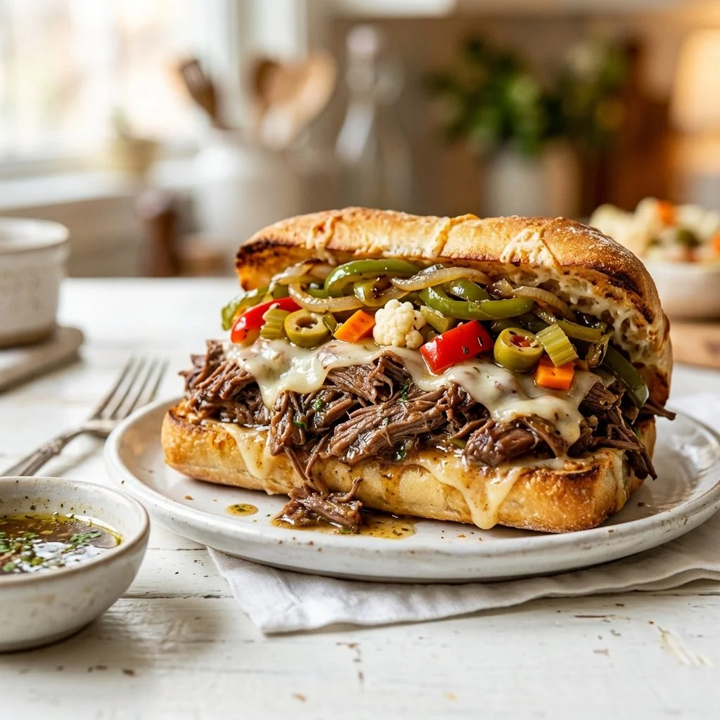 Crockpot Italian beef sandwiches served on a plate with garnish.