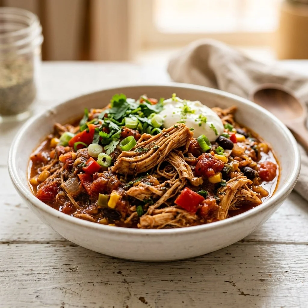 Crockpot Salsa Chicken served with rice and garnished with cilantro