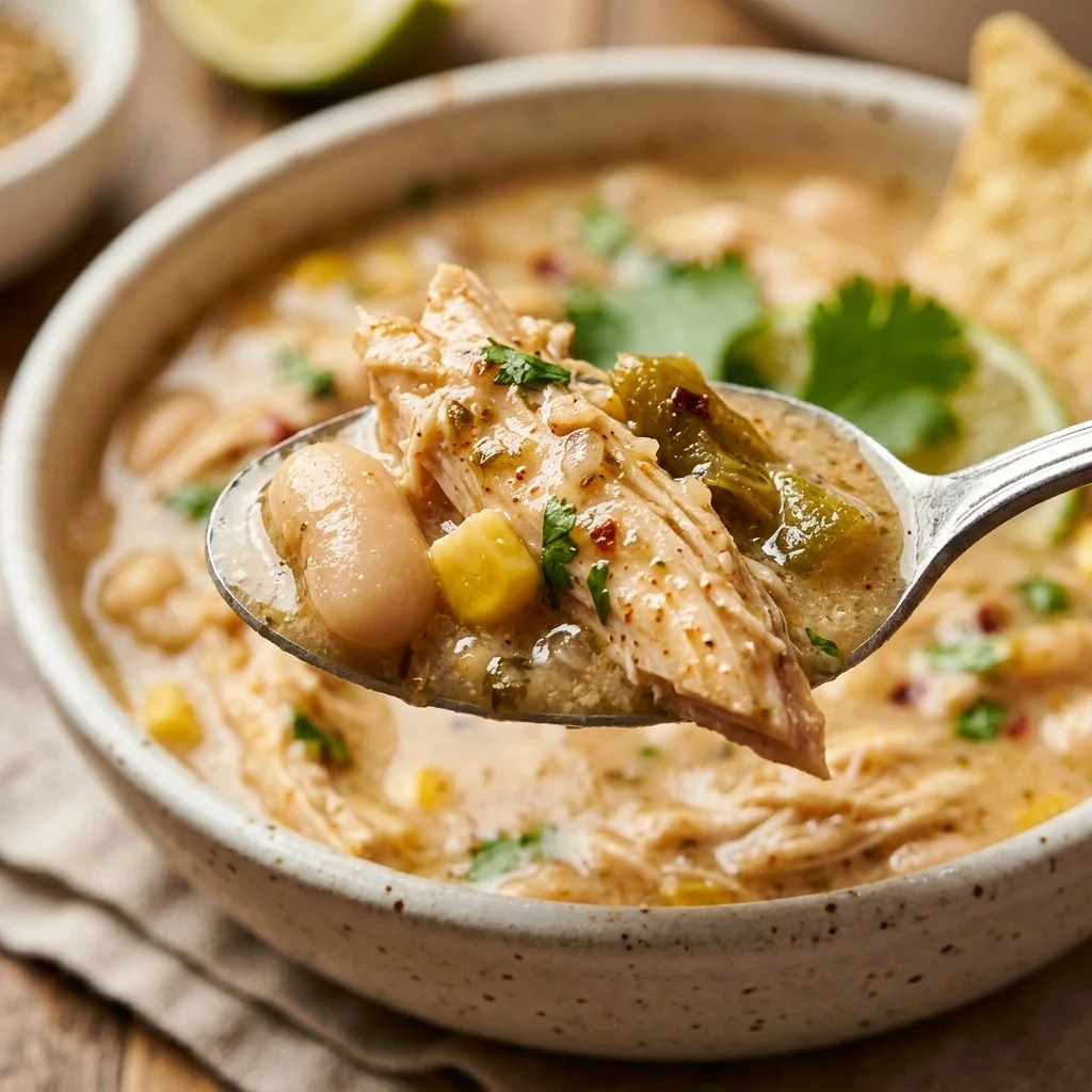 Bowl of creamy Crockpot White Chicken Chili topped with fresh cilantro