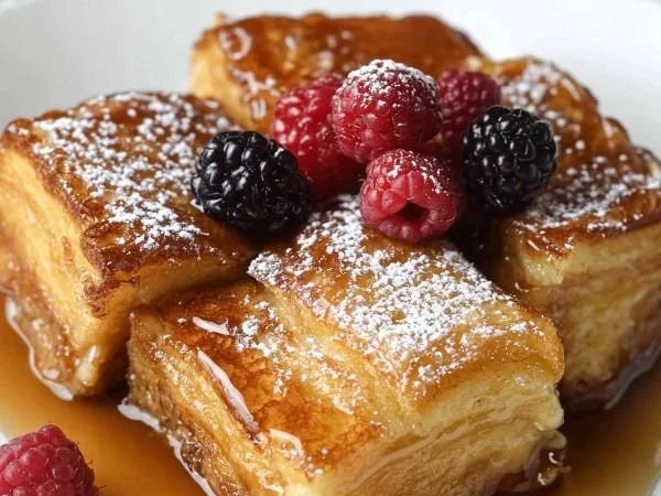 Delicious Croissant French Toast Casserole served with syrup and fresh berries