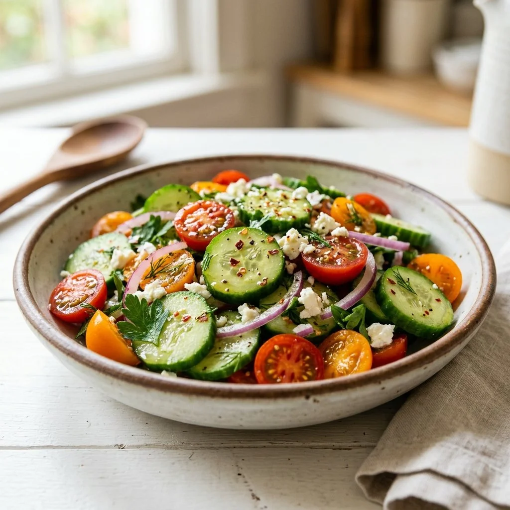 Cucumber Tomato Salad prepared with fresh ingredients in a bowl