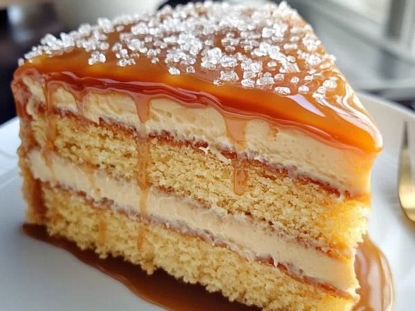 Decadent salted caramel cake topped with rich caramel drizzle and sea salt flakes.