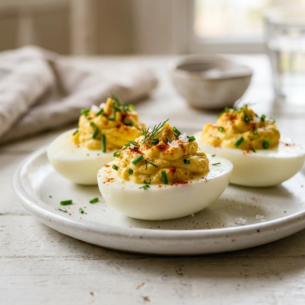 Delicious platter of deviled eggs garnished with paprika and herbs