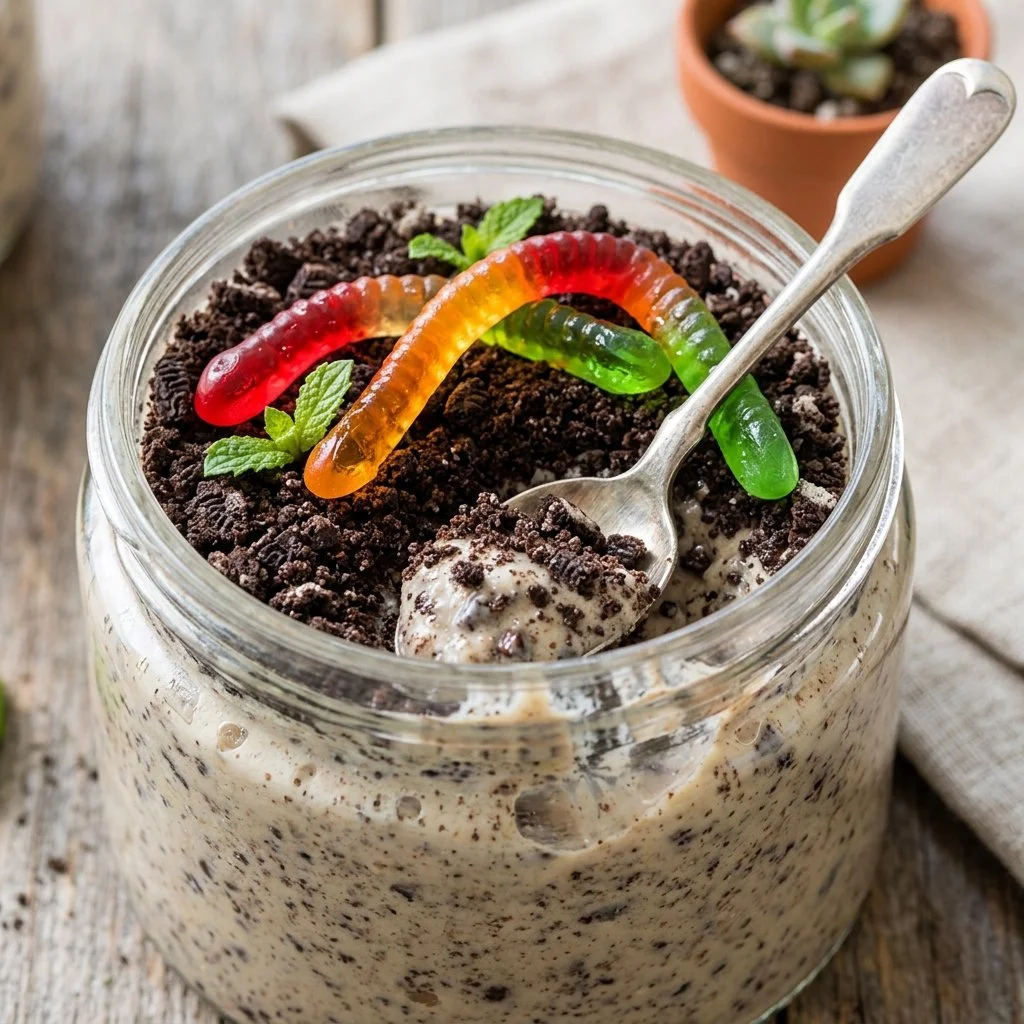 Delicious Dirt Pudding dessert served in a cup with gummy worms and crushed cookies.