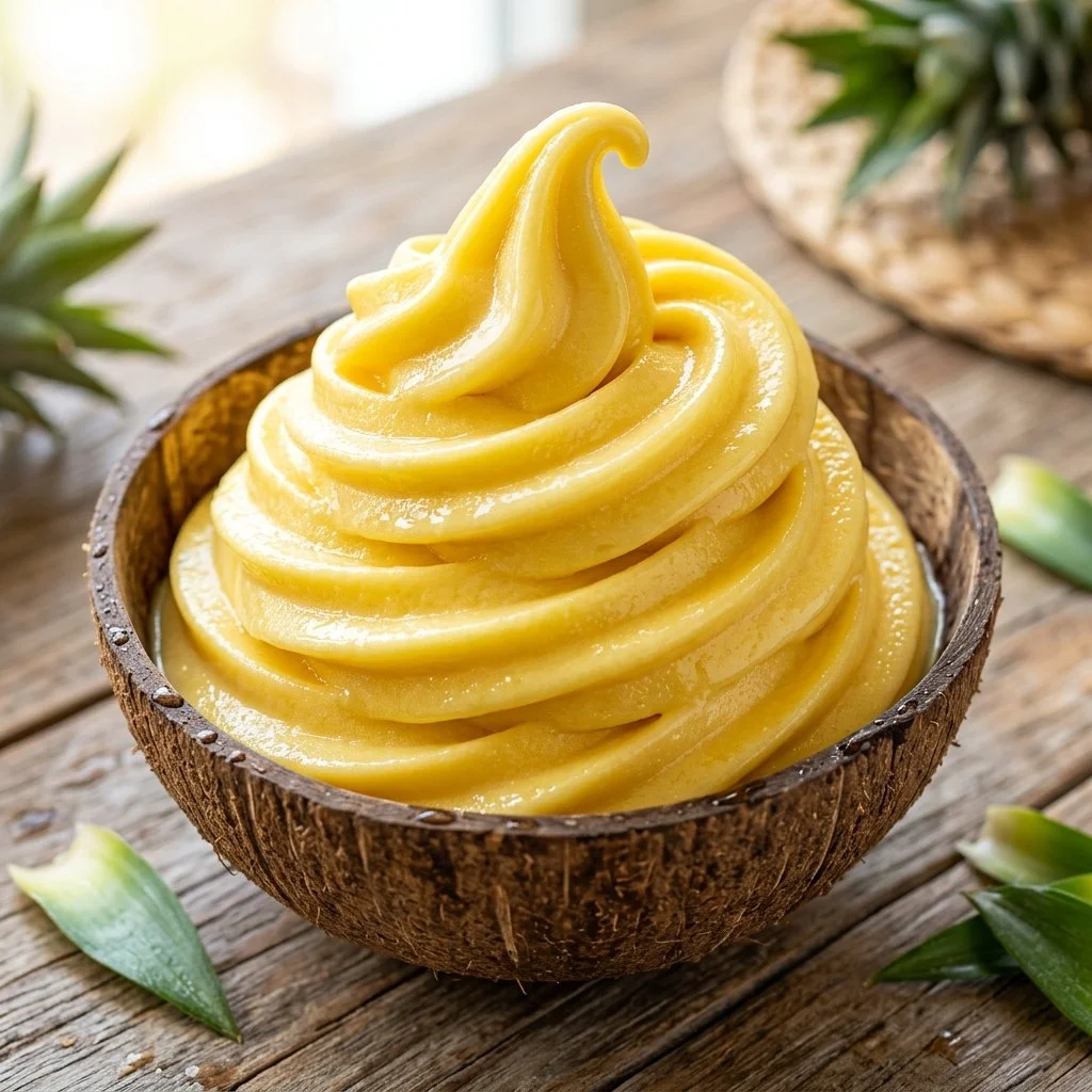Delicious Dole Whip served in a cup, topped with pineapple chunks.
