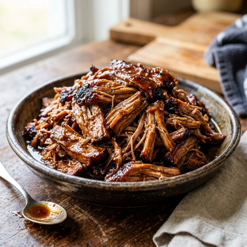Delicious Dr. Pepper pulled pork served in a rustic bowl