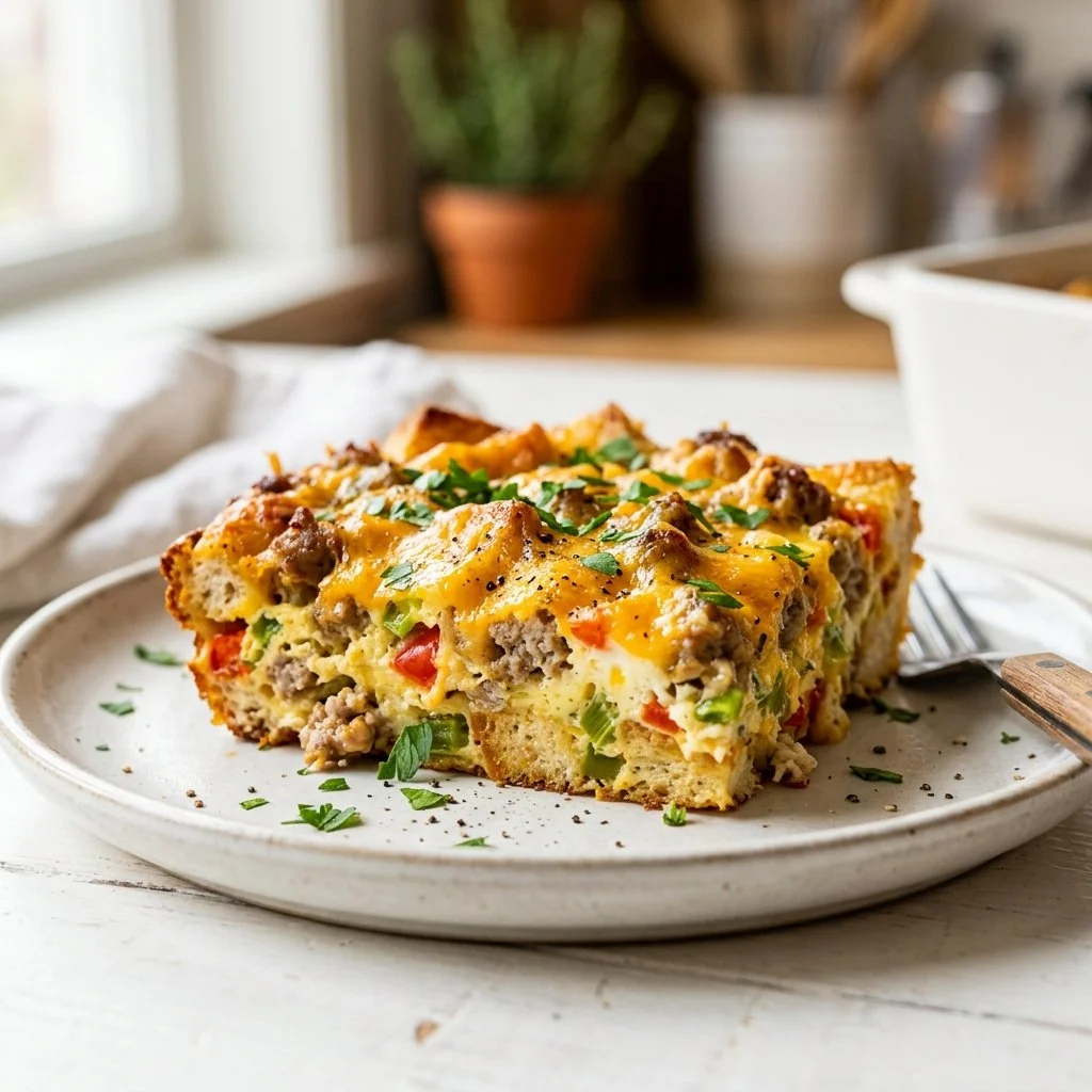 Delicious easy breakfast casserole topped with cheese and vegetables