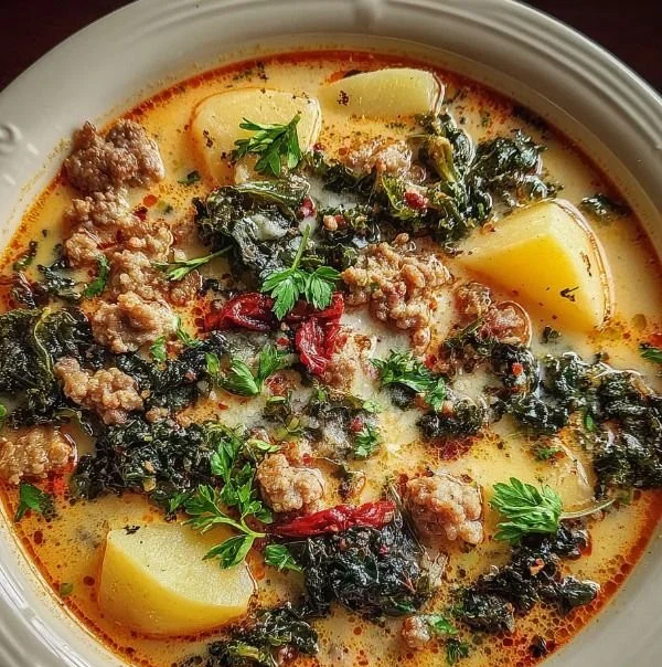 Bowl of Easy One-Pot Zuppa Toscana Soup with greens and sausage