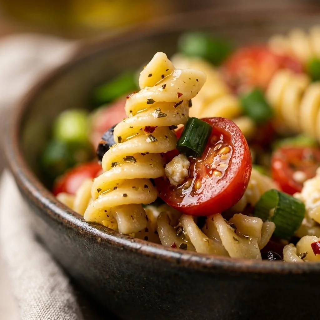Colorful easy pasta salad with vegetables and dressing in a bowl