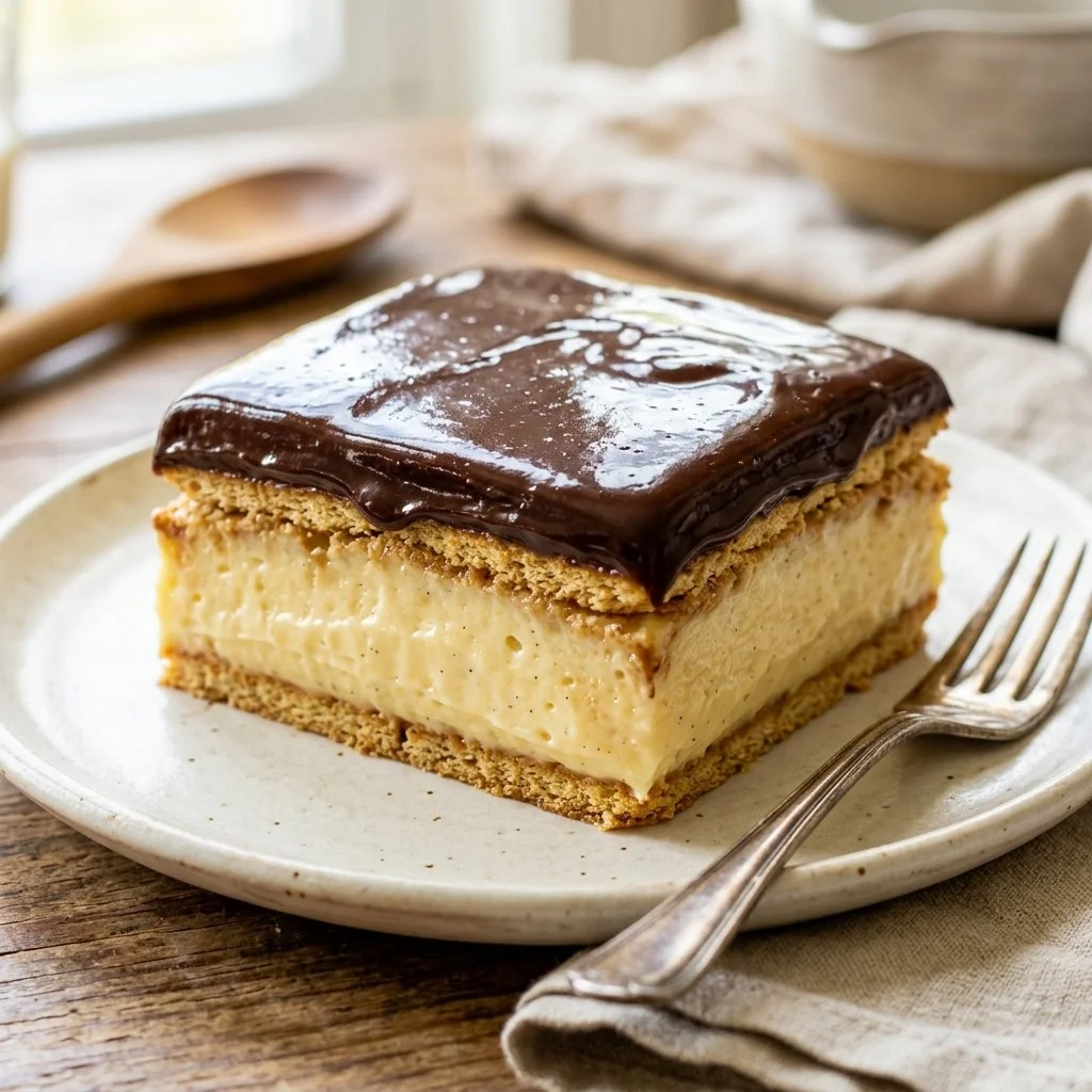 Delicious Eclair Cake layered with cream and chocolate frosting