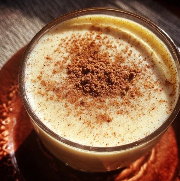 Delicious Eggnog White Russian cocktail garnished with cinnamon stick and nutmeg