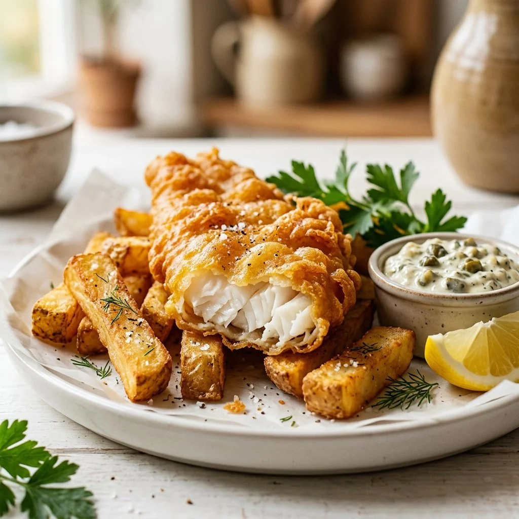 Delicious fish and chips served with crispy fries and tartar sauce.