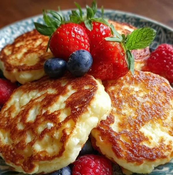Delicious flourless cottage cheese pancakes topped with fresh berries