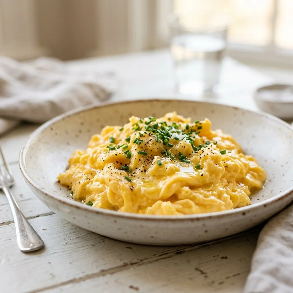 Fluffy scrambled eggs topped with herbs in a white bowl