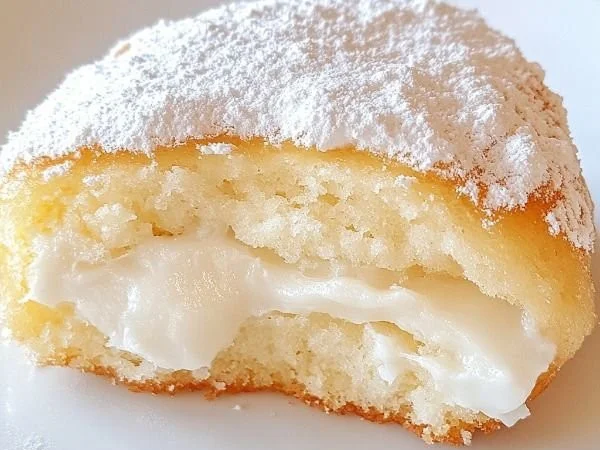 Fluffy vanilla donuts with a soft, cloudy texture on a white plate