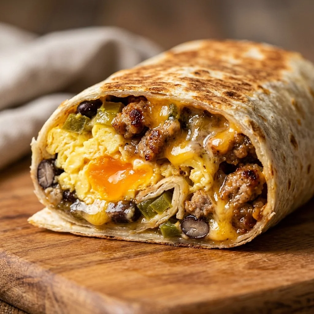 A stack of homemade freezer breakfast burritos ready for quick cooking.