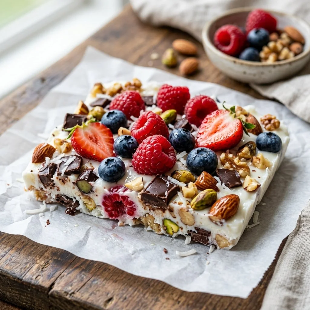Delicious Frozen Yogurt Bark topped with fresh fruit and nuts.