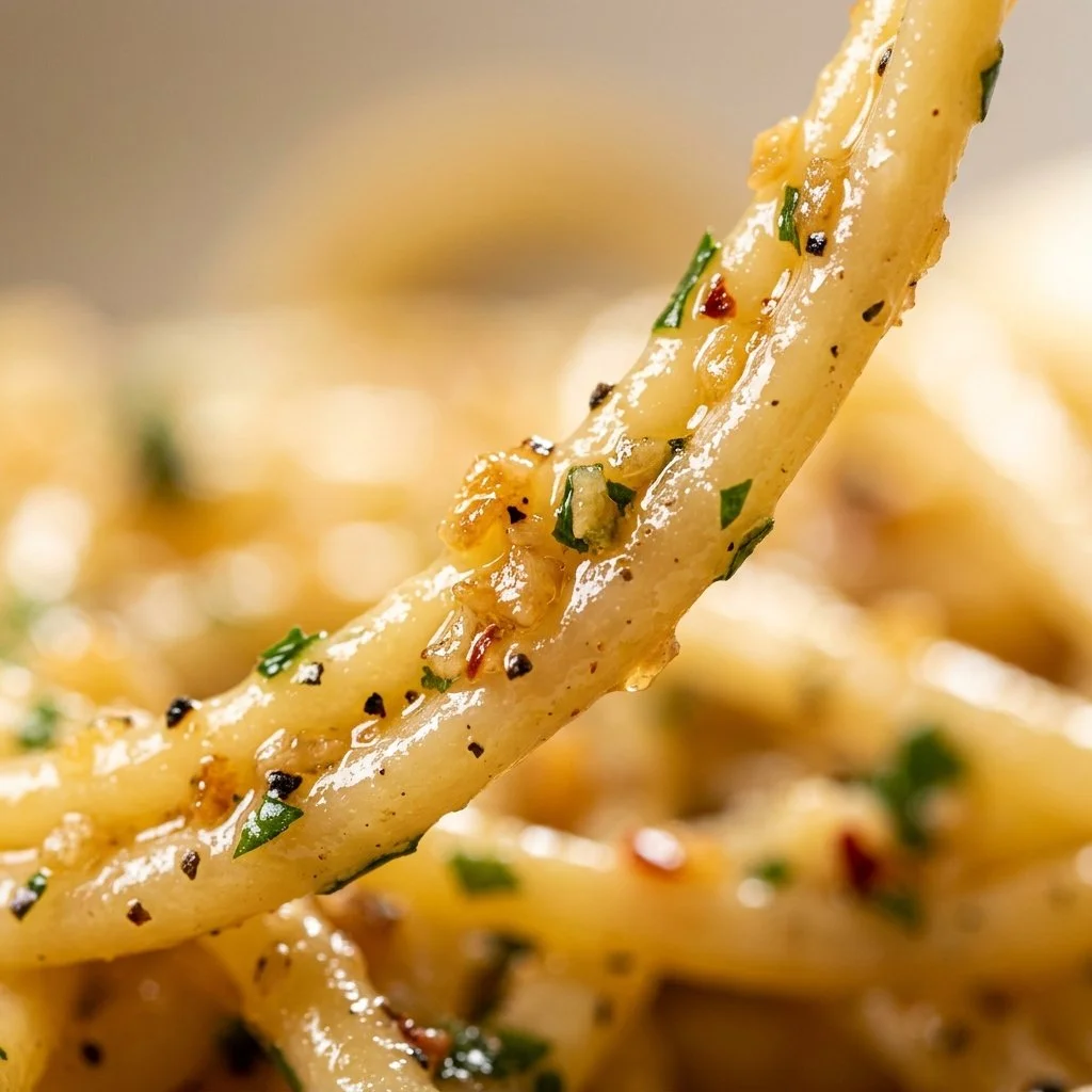 Delicious garlic butter pasta dish served with parsley garnish.