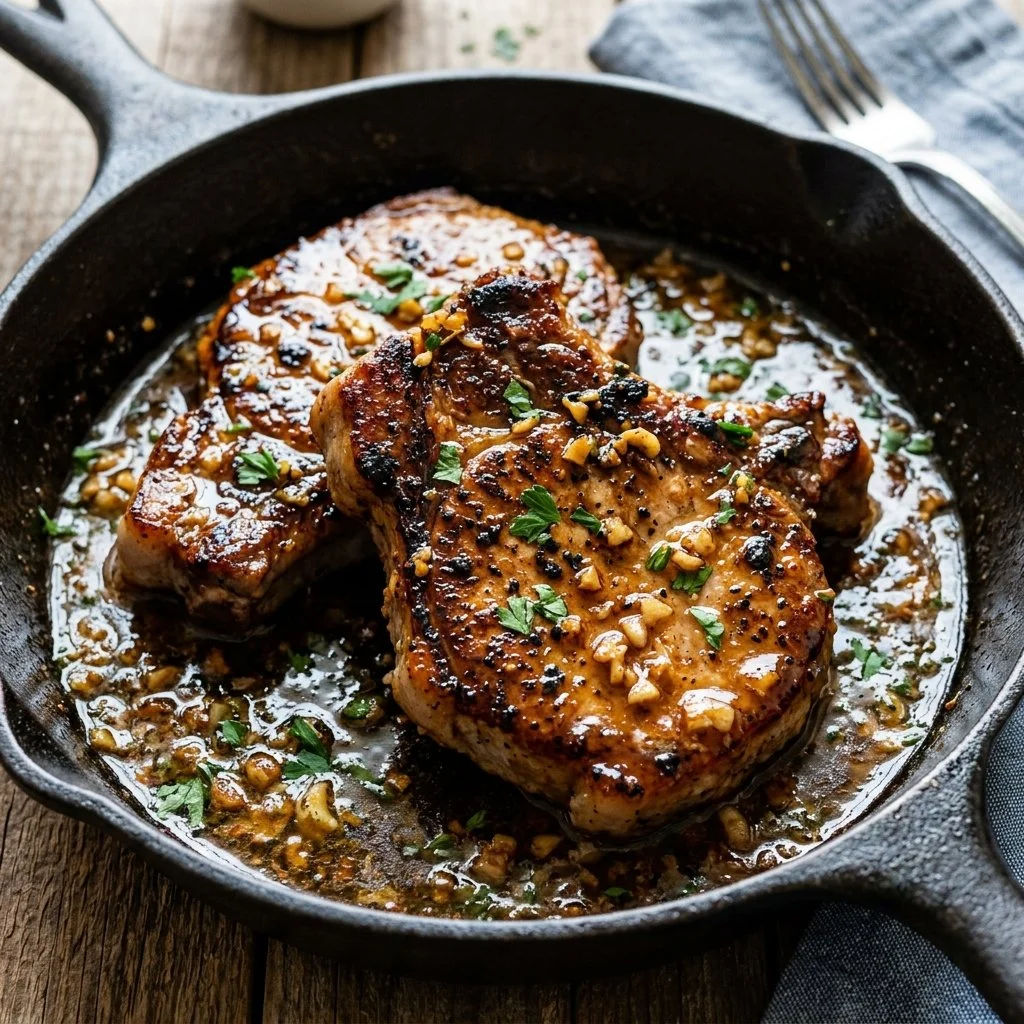 Tender Garlic Butter Pork Chops cooked to perfection, garnished with herbs.