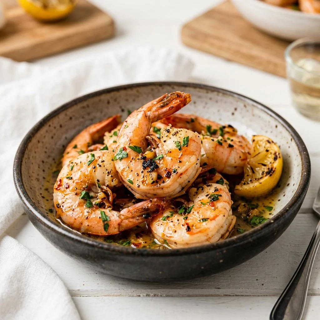 Delicious Garlic Butter Shrimp served with fresh herbs and garnished lemon