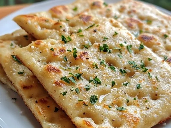 Delicious Garlic Keto Flatbread ready to be served on a wooden board