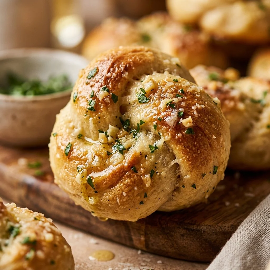 Freshly baked garlic knots topped with parsley and garlic butter