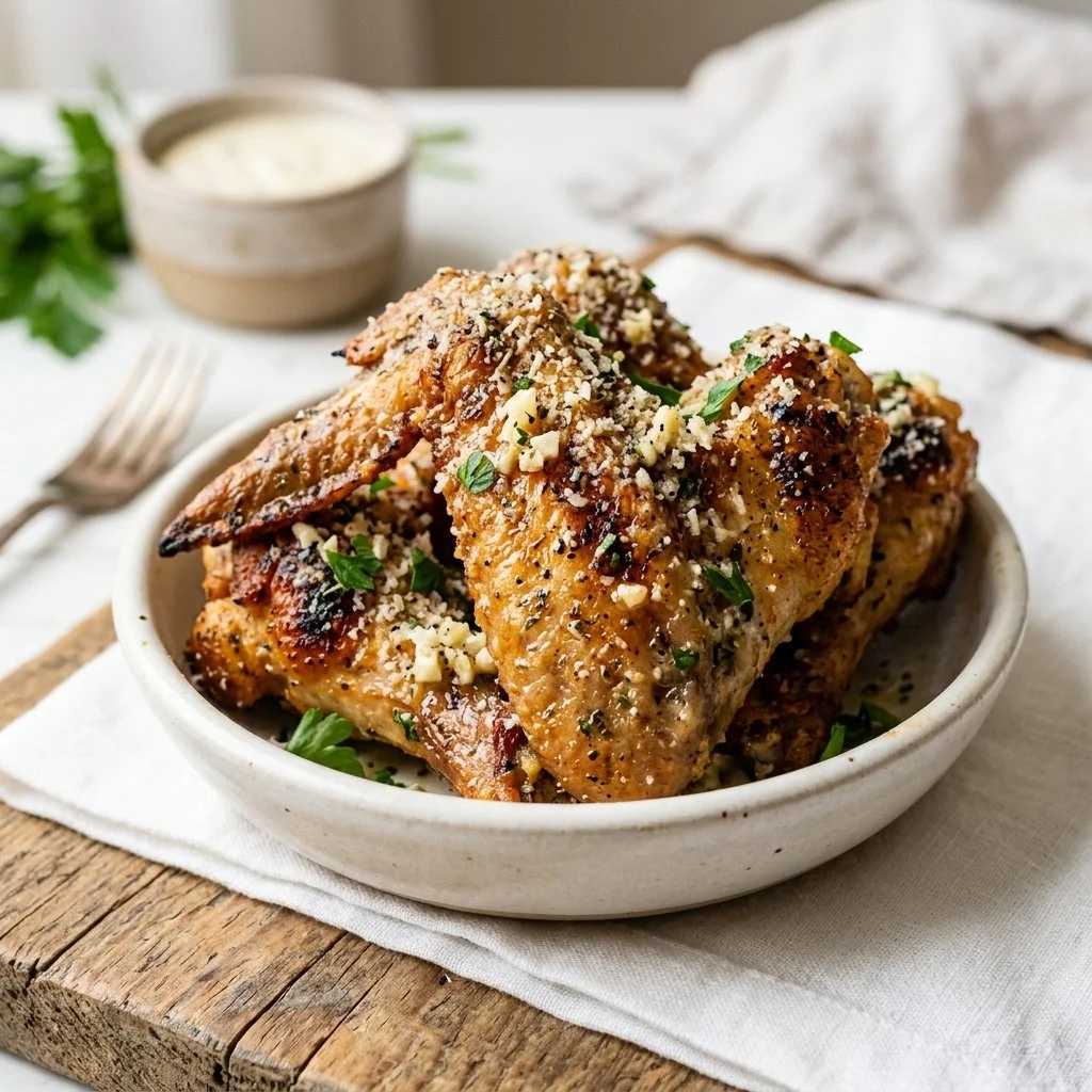 Crispy Garlic Parmesan Chicken Wings served on a plate