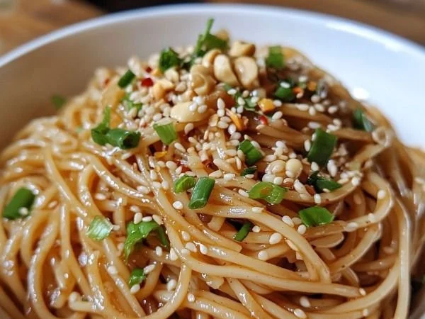 Bowl of Garlic Sesame Noodles topped with sesame seeds and green onions