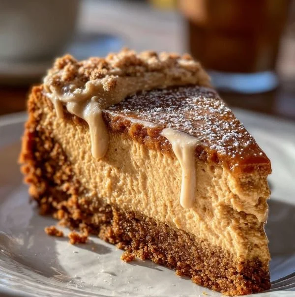 Gingerbread Cheesecake topped with Maple Frosting on a festive table