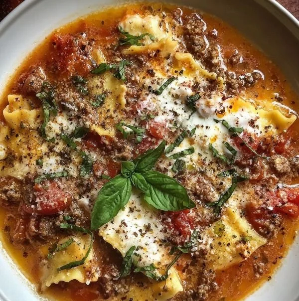 Bowl of gluten-free lasagna soup topped with cheese and basil
