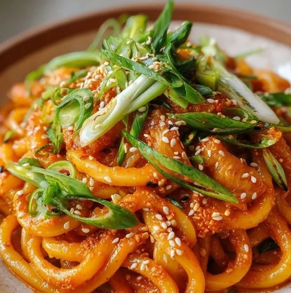 Bowl of Gochujang Udon noodles in creamy sauce garnished with vegetables.
