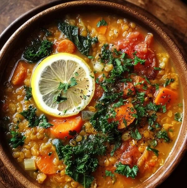Bowl of golden lemon lentil soup garnished with herbs, showcasing anti-inflammatory ingredients.