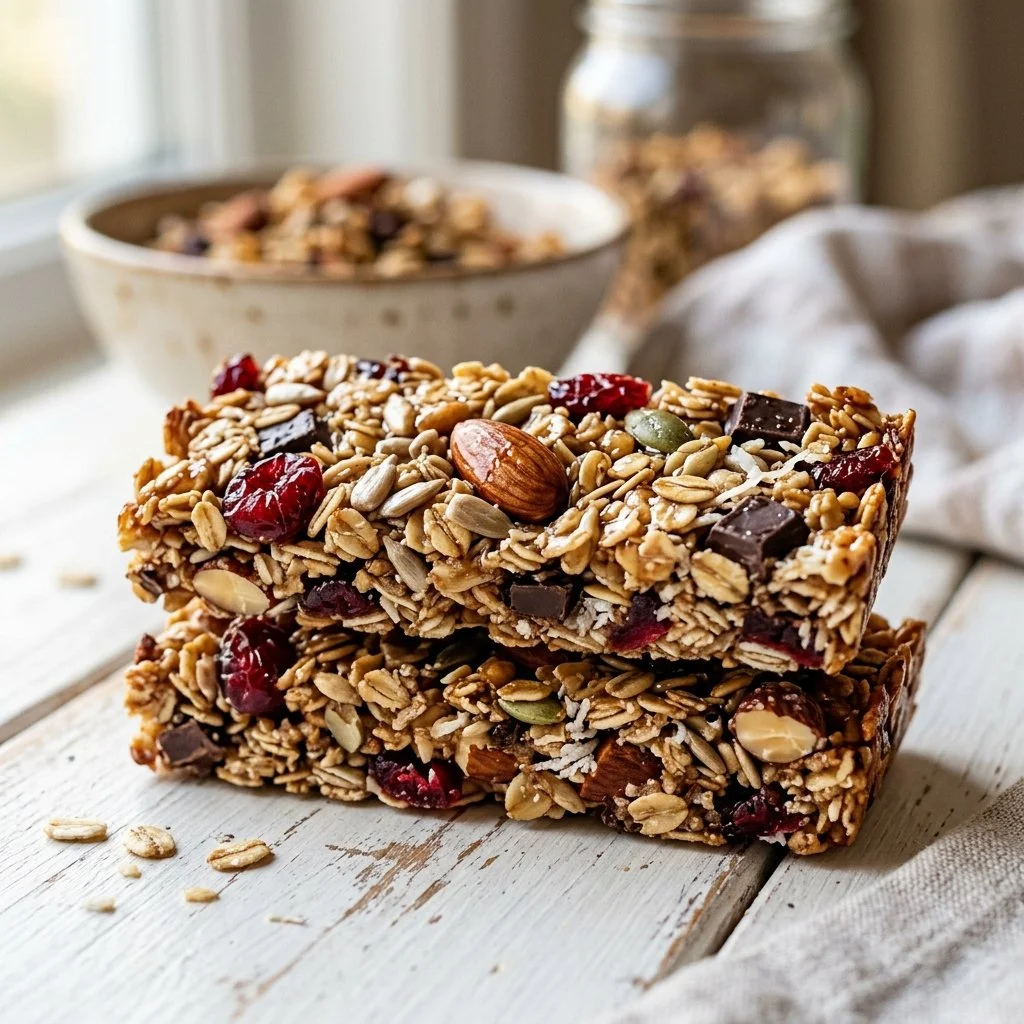 Various flavors of homemade granola bars stacked on a plate