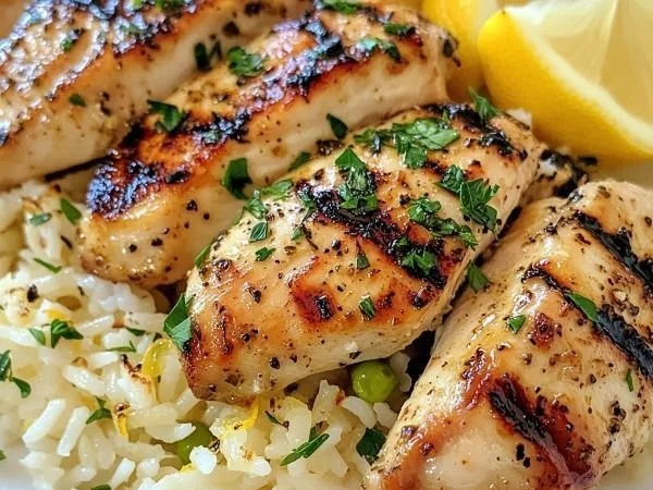 Delicious Greek chicken served with lemon rice on a plate