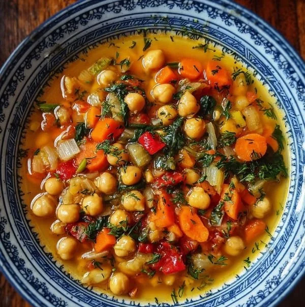 Bowl of Greek Chickpea Soup topped with herbs and spices