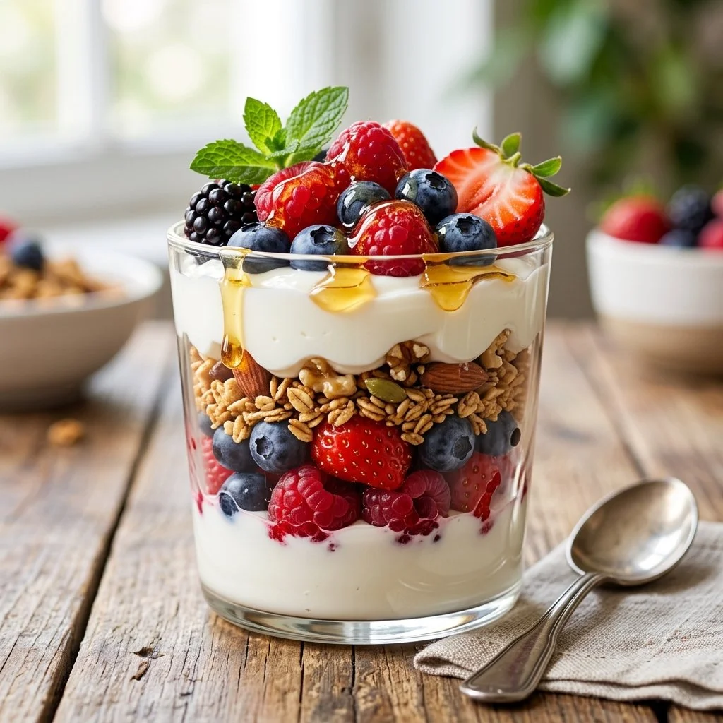Delicious Greek Yogurt Parfait with layers of fruit and granola