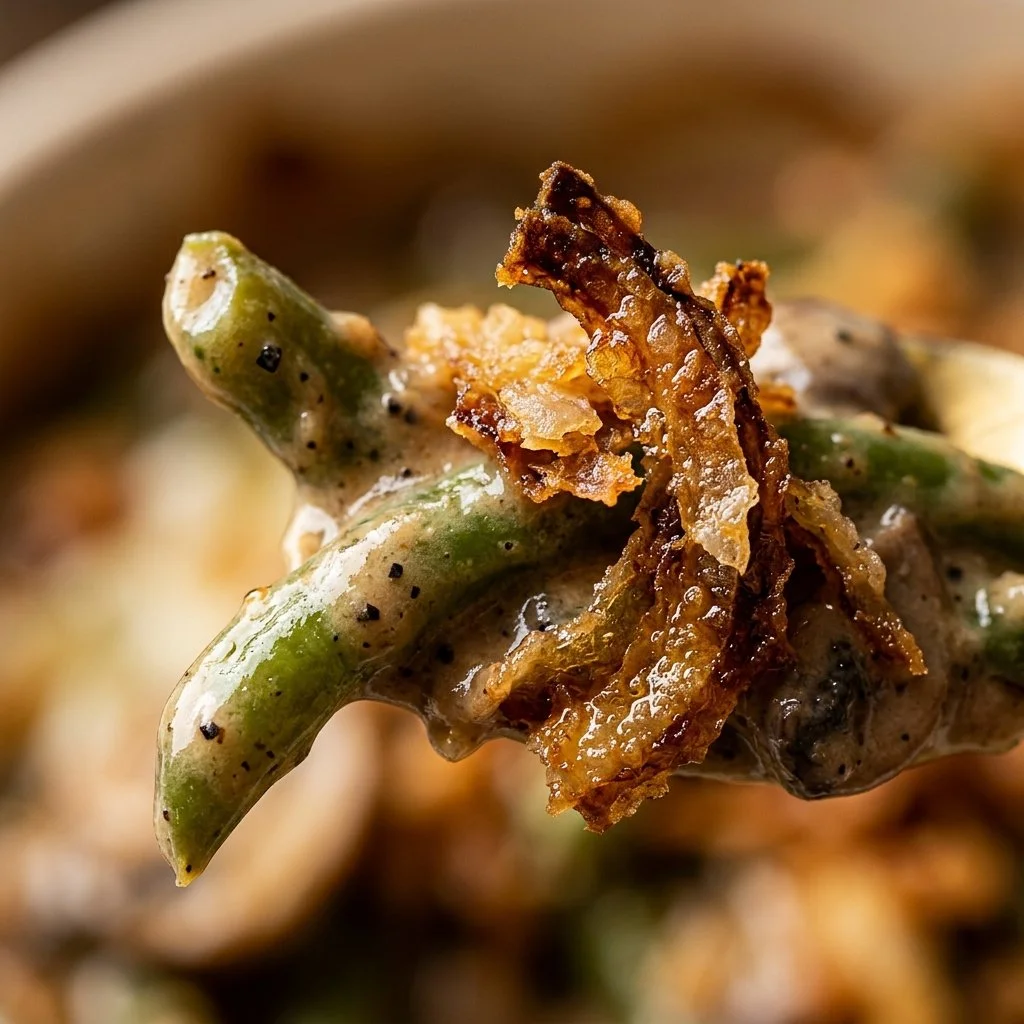 Delicious homemade green bean casserole topped with crispy onions.